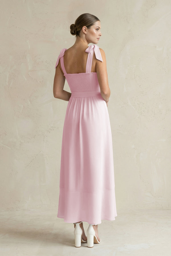 Square Neck A - Line Chiffon Midi Bridesmaid Dress with Bow in Candy Pink - KissProm Bridesmaid Dresses