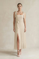 Square Neck A - Line Chiffon Midi Bridesmaid Dress with Bow in Champagne - KissProm Bridesmaid Dresses