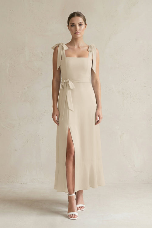 Square Neck A - Line Chiffon Midi Bridesmaid Dress with Bow in Champagne - KissProm Bridesmaid Dresses