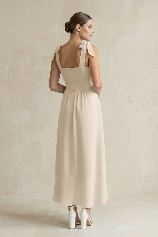 Square Neck A - Line Chiffon Midi Bridesmaid Dress with Bow in Champagne - KissProm Bridesmaid Dresses