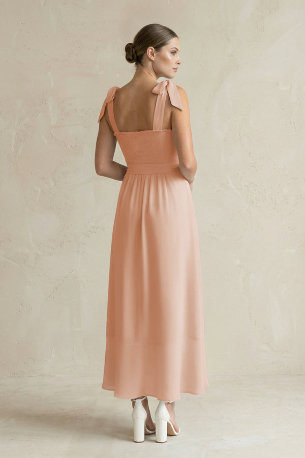 Square Neck A - Line Chiffon Midi Bridesmaid Dress with Bow in Champagne Rose - KissProm Bridesmaid Dresses