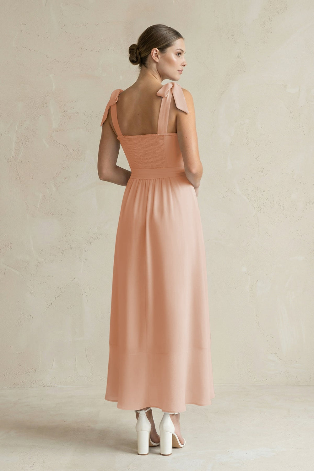 Square Neck A - Line Chiffon Midi Bridesmaid Dress with Bow in Champagne Rose - KissProm Bridesmaid Dresses