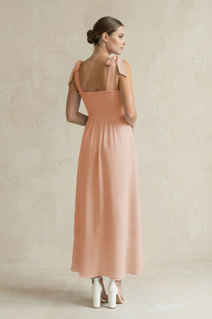 Square Neck A - Line Chiffon Midi Bridesmaid Dress with Bow in Champagne Rose - KissProm Bridesmaid Dresses