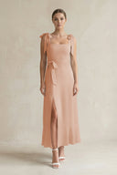 Square Neck A - Line Chiffon Midi Bridesmaid Dress with Bow in Champagne Rose - KissProm Bridesmaid Dresses