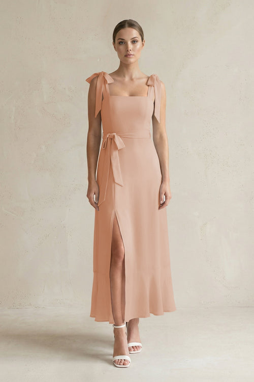 Square Neck A - Line Chiffon Midi Bridesmaid Dress with Bow in Champagne Rose - KissProm Bridesmaid Dresses