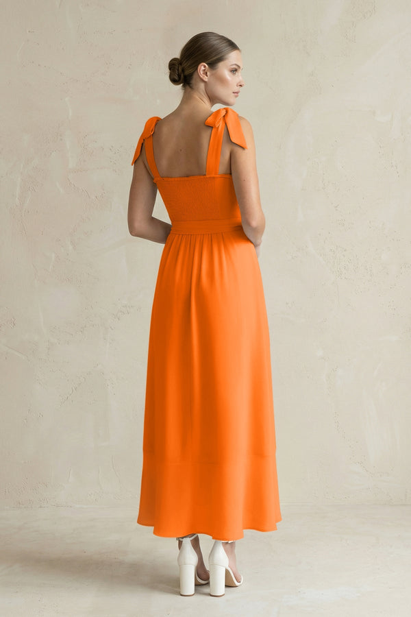 Square Neck A - Line Chiffon Midi Bridesmaid Dress with Bow in Cinnamon - KissProm Bridesmaid Dresses