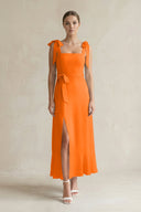 Square Neck A - Line Chiffon Midi Bridesmaid Dress with Bow in Cinnamon - KissProm Bridesmaid Dresses