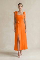 Square Neck A - Line Chiffon Midi Bridesmaid Dress with Bow in Cinnamon - KissProm Bridesmaid Dresses