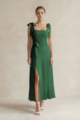 Square Neck A - Line Chiffon Midi Bridesmaid Dress with Bow in Dark Green - KissProm Bridesmaid Dresses