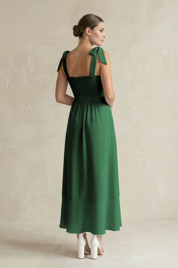 Square Neck A - Line Chiffon Midi Bridesmaid Dress with Bow in Dark Green - KissProm Bridesmaid Dresses