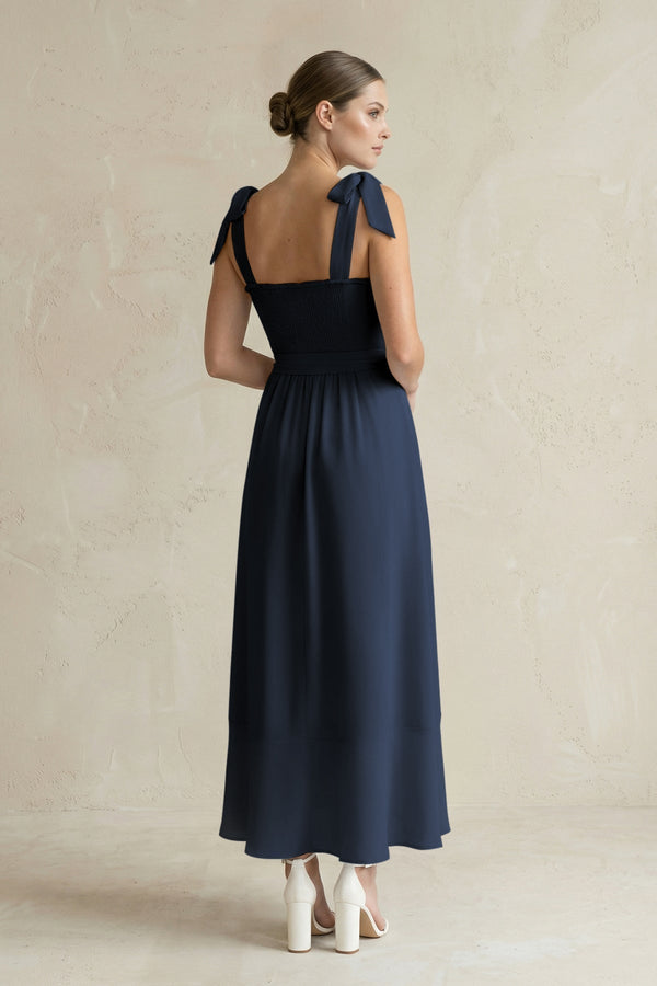 Square Neck A - Line Chiffon Midi Bridesmaid Dress with Bow in Dark Navy - KissProm Bridesmaid Dresses