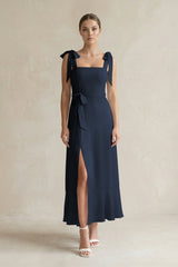 Square Neck A - Line Chiffon Midi Bridesmaid Dress with Bow in Dark Navy - KissProm Bridesmaid Dresses