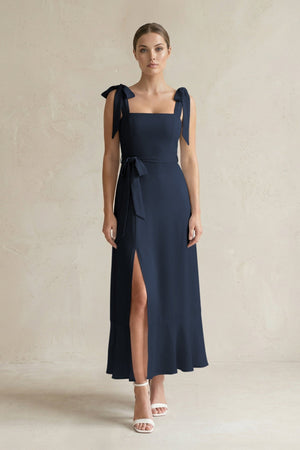 Square Neck A - Line Chiffon Midi Bridesmaid Dress with Bow in Dark Navy - KissProm Bridesmaid Dresses