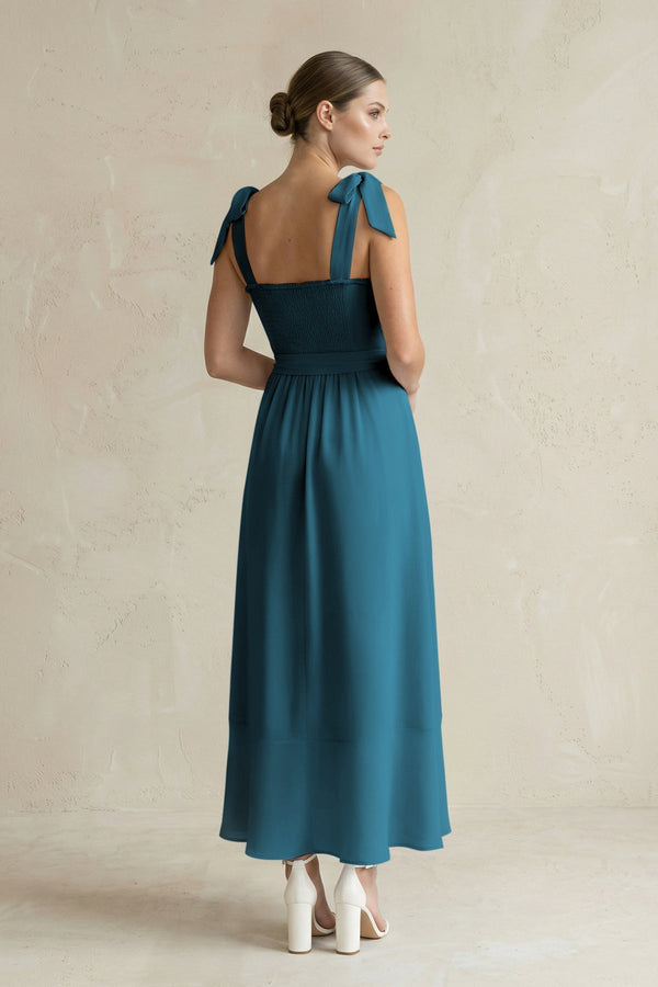Square Neck A - Line Chiffon Midi Bridesmaid Dress with Bow in Dark Teal - KissProm Bridesmaid Dresses