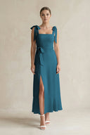 Square Neck A - Line Chiffon Midi Bridesmaid Dress with Bow in Dark Teal - KissProm Bridesmaid Dresses