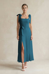 Square Neck A - Line Chiffon Midi Bridesmaid Dress with Bow in Dark Teal - KissProm Bridesmaid Dresses