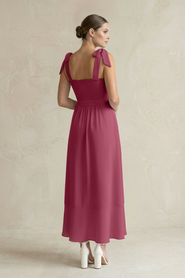 Square Neck A - Line Chiffon Midi Bridesmaid Dress with Bow in Desert Rose - KissProm Bridesmaid Dresses