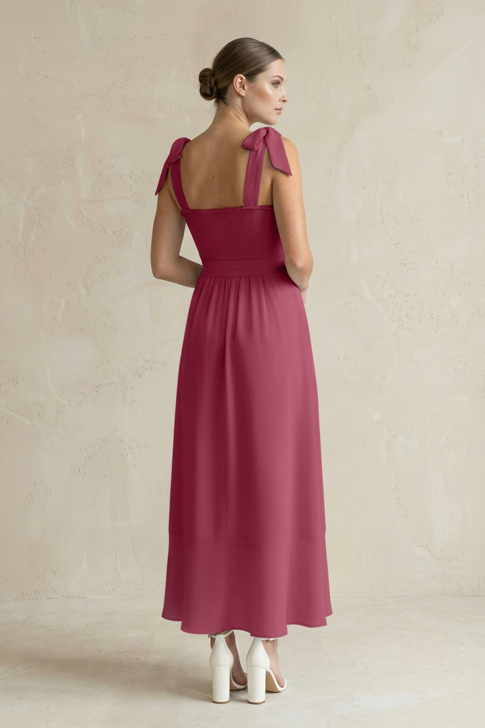 Square Neck A - Line Chiffon Midi Bridesmaid Dress with Bow in Desert Rose - KissProm Bridesmaid Dresses