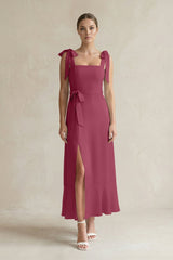 Square Neck A - Line Chiffon Midi Bridesmaid Dress with Bow in Desert Rose - KissProm Bridesmaid Dresses