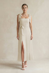Square Neck A - Line Chiffon Midi Bridesmaid Dress with Bow in Dove Gray - KissProm Bridesmaid Dresses