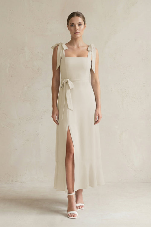 Square Neck A - Line Chiffon Midi Bridesmaid Dress with Bow in Dove Gray - KissProm Bridesmaid Dresses