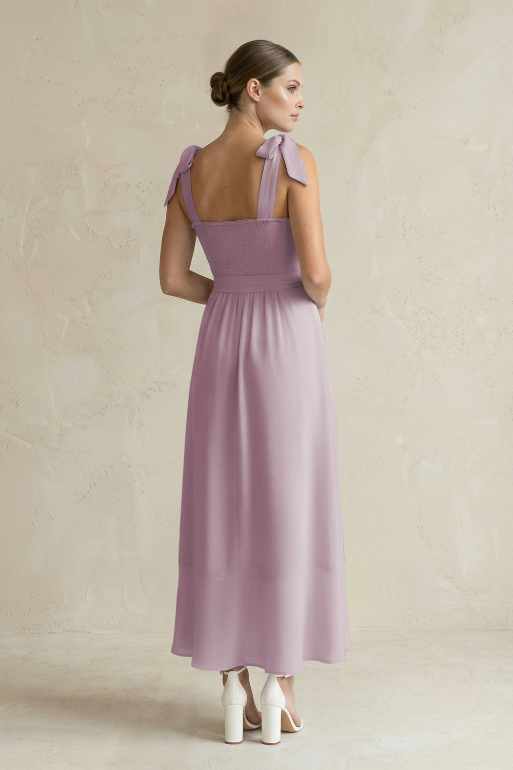 Square Neck A - Line Chiffon Midi Bridesmaid Dress with Bow in Dusk - KissProm Bridesmaid Dresses