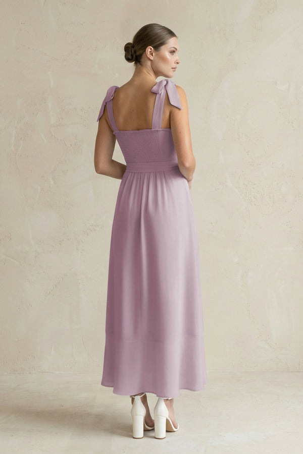 Square Neck A - Line Chiffon Midi Bridesmaid Dress with Bow in Dusk - KissProm Bridesmaid Dresses
