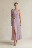 Square Neck A - Line Chiffon Midi Bridesmaid Dress with Bow in Dusk - KissProm Bridesmaid Dresses