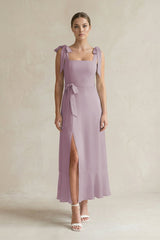 Square Neck A - Line Chiffon Midi Bridesmaid Dress with Bow in Dusk - KissProm Bridesmaid Dresses