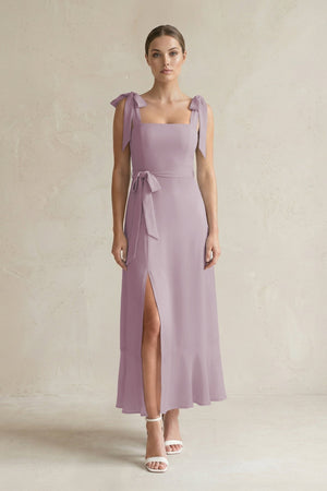 Square Neck A - Line Chiffon Midi Bridesmaid Dress with Bow in Dusk - KissProm Bridesmaid Dresses