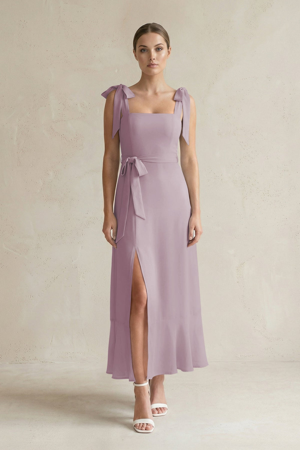 Square Neck A - Line Chiffon Midi Bridesmaid Dress with Bow in Dusk - KissProm Bridesmaid Dresses
