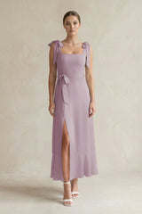 Square Neck A - Line Chiffon Midi Bridesmaid Dress with Bow in Dusk - KissProm Bridesmaid Dresses