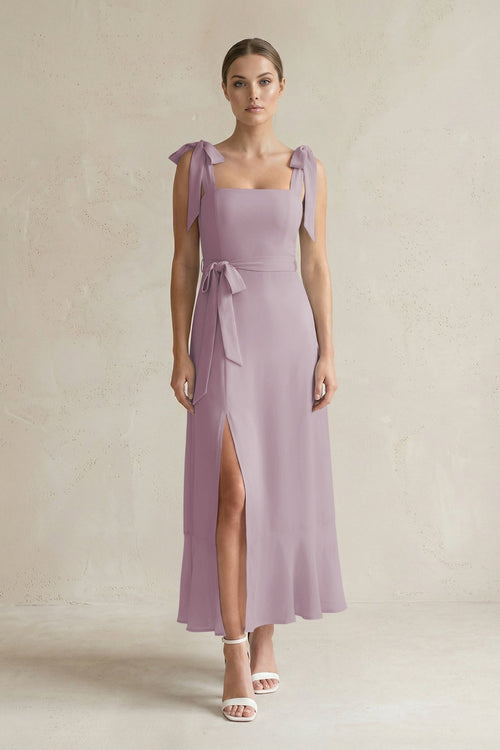 Square Neck A - Line Chiffon Midi Bridesmaid Dress with Bow in Dusk - KissProm Bridesmaid Dresses