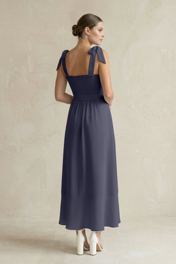 Square Neck A - Line Chiffon Midi Bridesmaid Dress with Bow in Dusk Blue - KissProm Bridesmaid Dresses