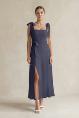 Square Neck A - Line Chiffon Midi Bridesmaid Dress with Bow in Dusk Blue - KissProm Bridesmaid Dresses