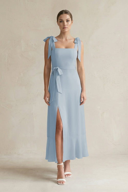 Square Neck A - Line Chiffon Midi Bridesmaid Dress with Bow in Dusty Blue - KissProm Bridesmaid Dresses