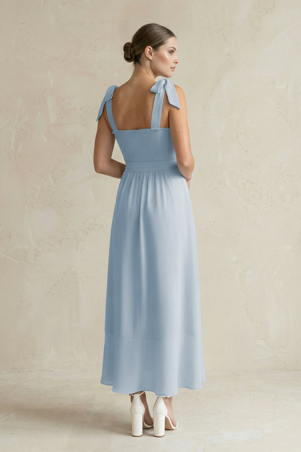 Square Neck A - Line Chiffon Midi Bridesmaid Dress with Bow in Dusty Blue - KissProm Bridesmaid Dresses
