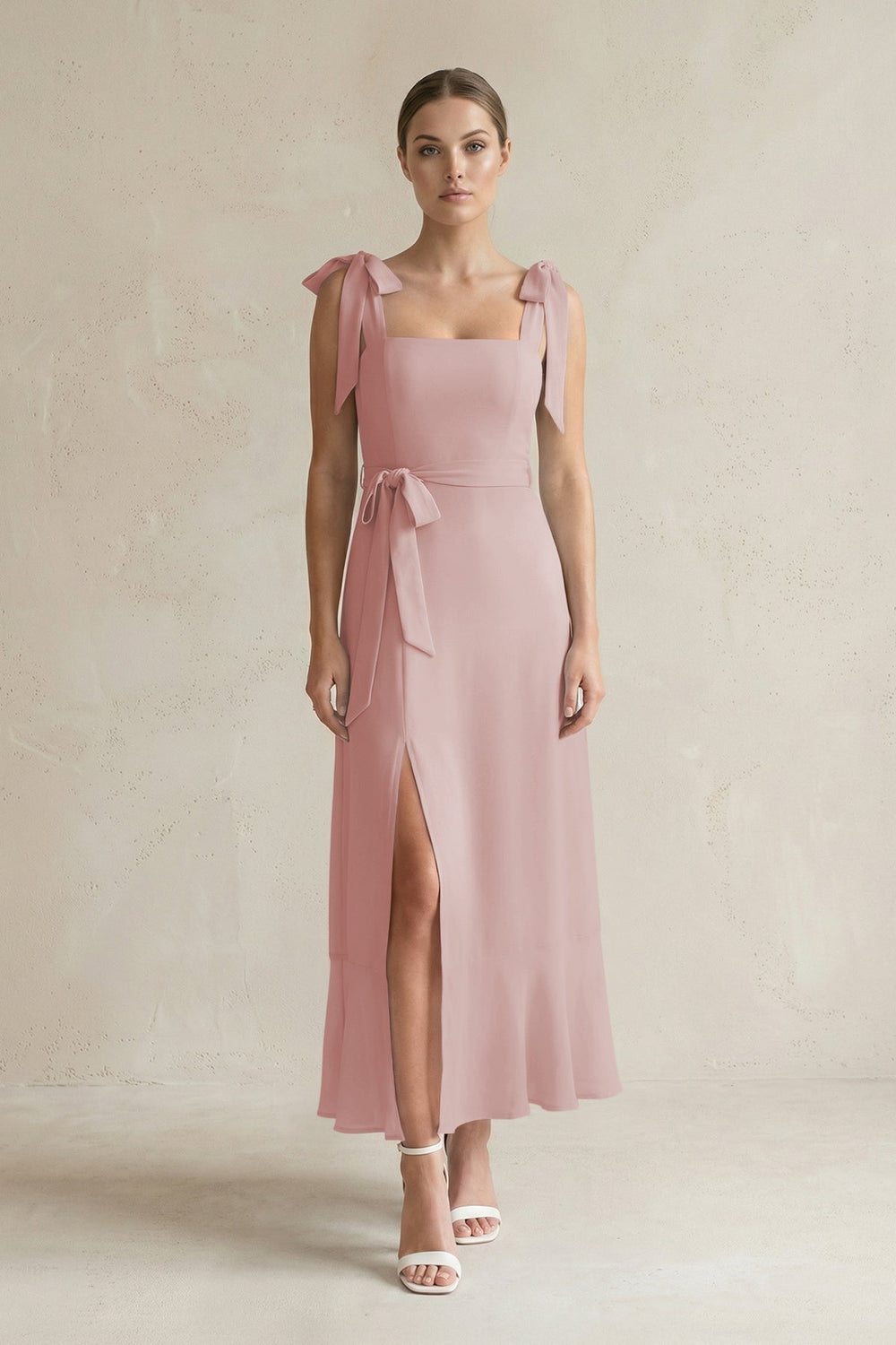 Square Neck A - Line Chiffon Midi Bridesmaid Dress with Bow in Dusty Rose - KissProm Bridesmaid Dresses