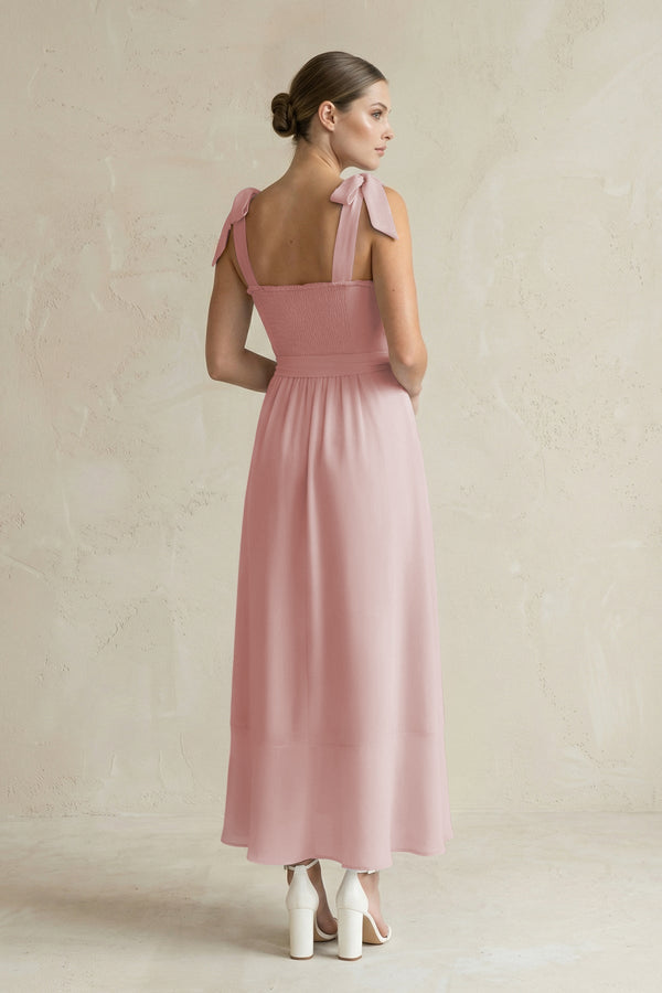 Square Neck A - Line Chiffon Midi Bridesmaid Dress with Bow in Dusty Rose - KissProm Bridesmaid Dresses