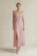 Square Neck A - Line Chiffon Midi Bridesmaid Dress with Bow in Dusty Rose - KissProm Bridesmaid Dresses