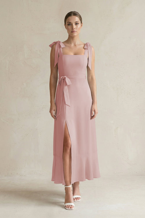 Square Neck A - Line Chiffon Midi Bridesmaid Dress with Bow in Dusty Rose - KissProm Bridesmaid Dresses