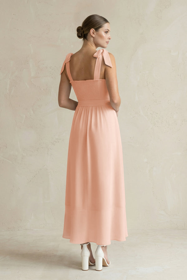 Square Neck A - Line Chiffon Midi Bridesmaid Dress with Bow in English Rose - KissProm Bridesmaid Dresses