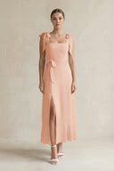 Square Neck A - Line Chiffon Midi Bridesmaid Dress with Bow in English Rose - KissProm Bridesmaid Dresses