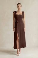 Square Neck A - Line Chiffon Midi Bridesmaid Dress with Bow in Espresso - KissProm Bridesmaid Dresses