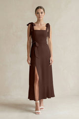 Square Neck A - Line Chiffon Midi Bridesmaid Dress with Bow in Espresso - KissProm Bridesmaid Dresses