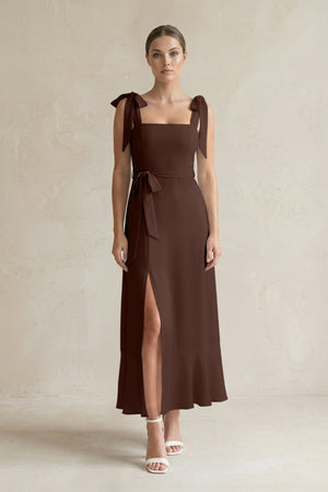 Square Neck A - Line Chiffon Midi Bridesmaid Dress with Bow in Espresso - KissProm Bridesmaid Dresses