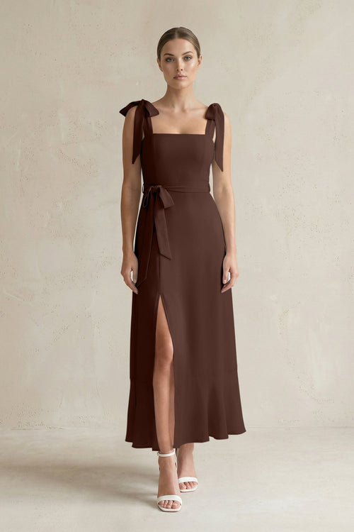 Square Neck A - Line Chiffon Midi Bridesmaid Dress with Bow in Espresso - KissProm Bridesmaid Dresses