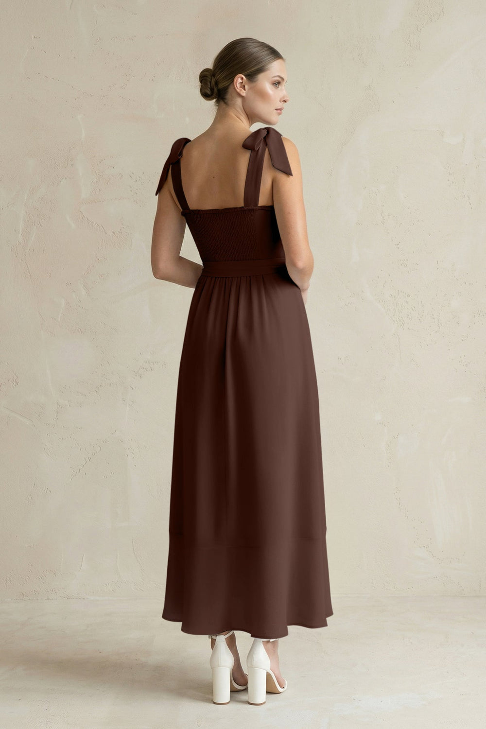 Square Neck A - Line Chiffon Midi Bridesmaid Dress with Bow in Espresso - KissProm Bridesmaid Dresses