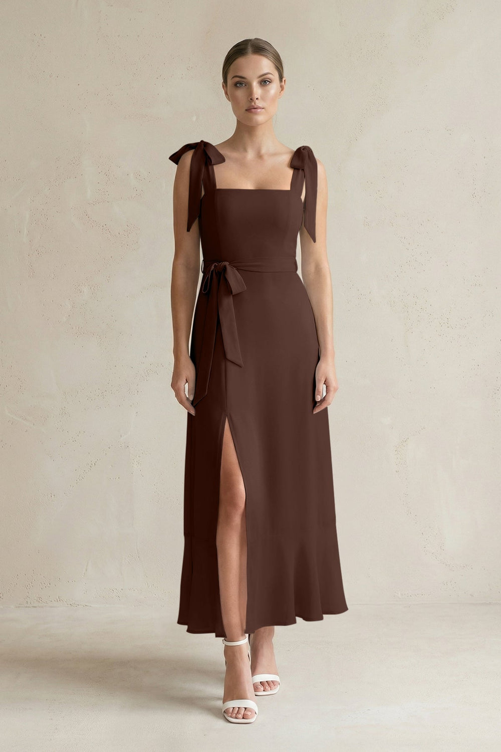 Square Neck A - Line Chiffon Midi Bridesmaid Dress with Bow in Espresso - KissProm Bridesmaid Dresses