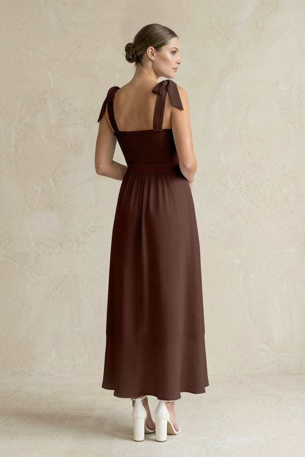 Square Neck A - Line Chiffon Midi Bridesmaid Dress with Bow in Espresso - KissProm Bridesmaid Dresses